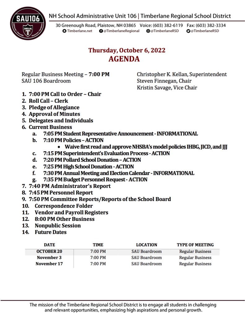 School Board Agenda 1062022 Timberlane Regional School District